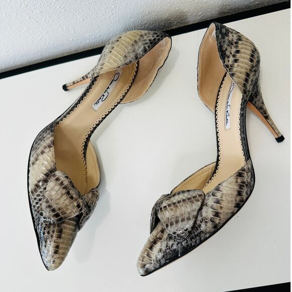 Oscar de la Renta Leather Snakeskin Front Bow Pointed Toe Heel 37 / 6.5 - Picture 8 of 14